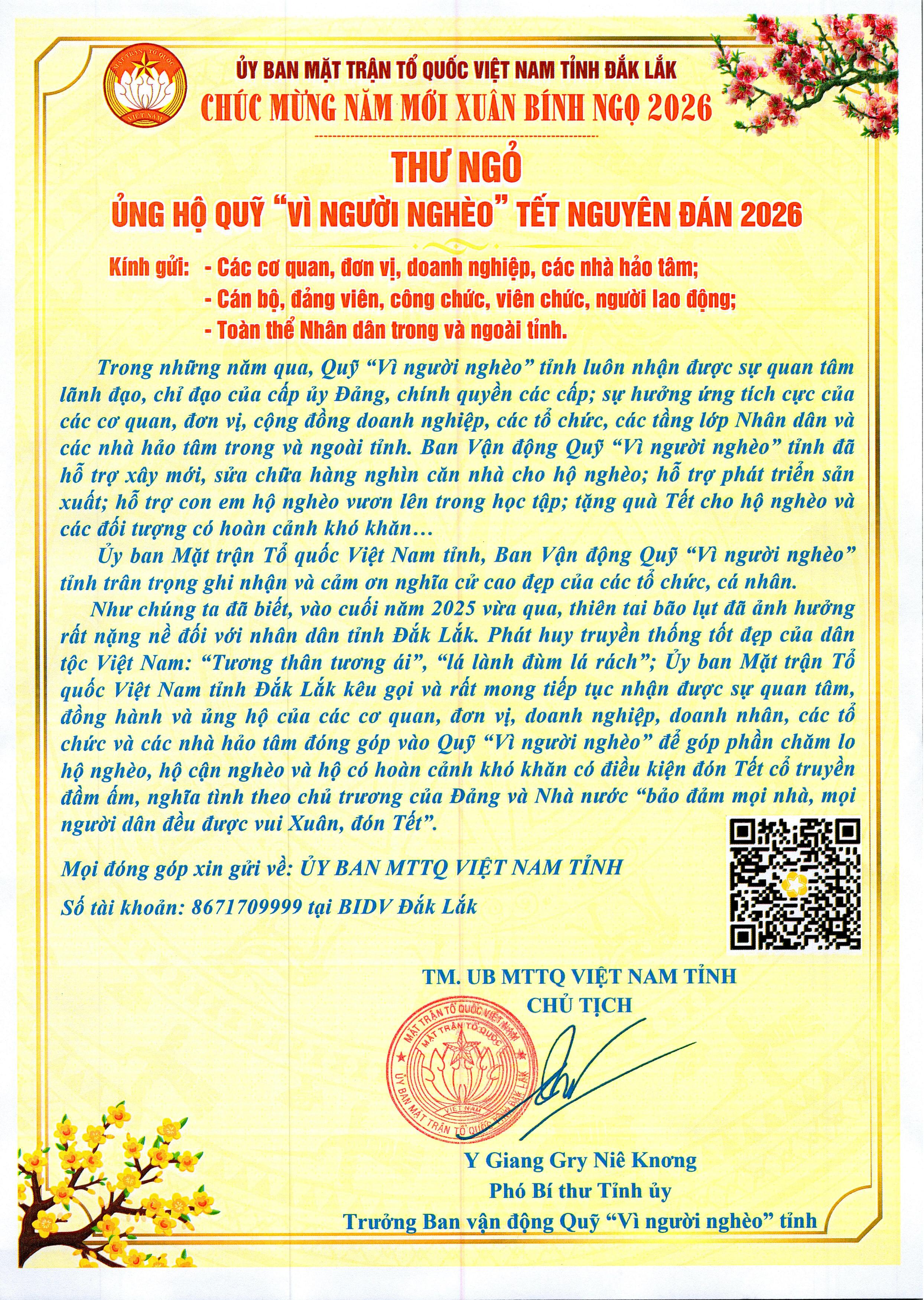 THƯ NGỎ ỦNG HỘ QUỸ "VÌ NGƯỜI NGHÈO" TẾT NGHUYÊN ĐÁN 2026